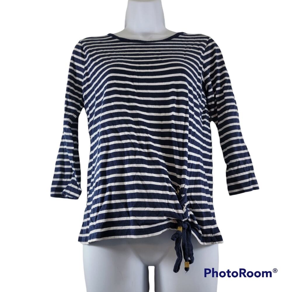 Michael Kors Navy White Striped 3/4 Sleeve Rivet Bottom Tie Size Medium